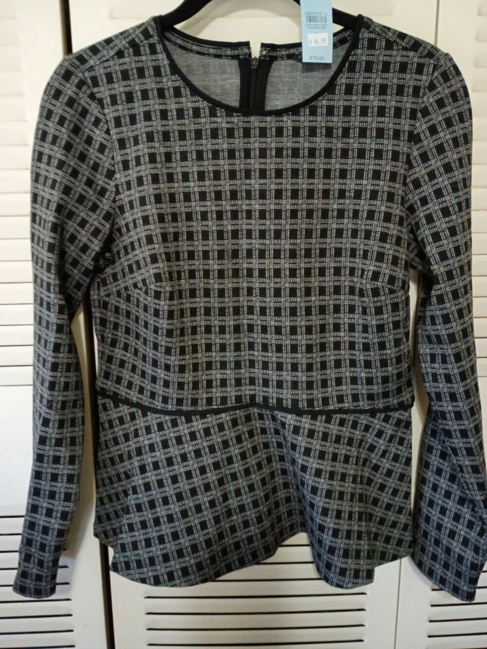 ANN TAYLOR Windowpane Plaid Black Gray Peplum Top Blouse PS P S Petite S